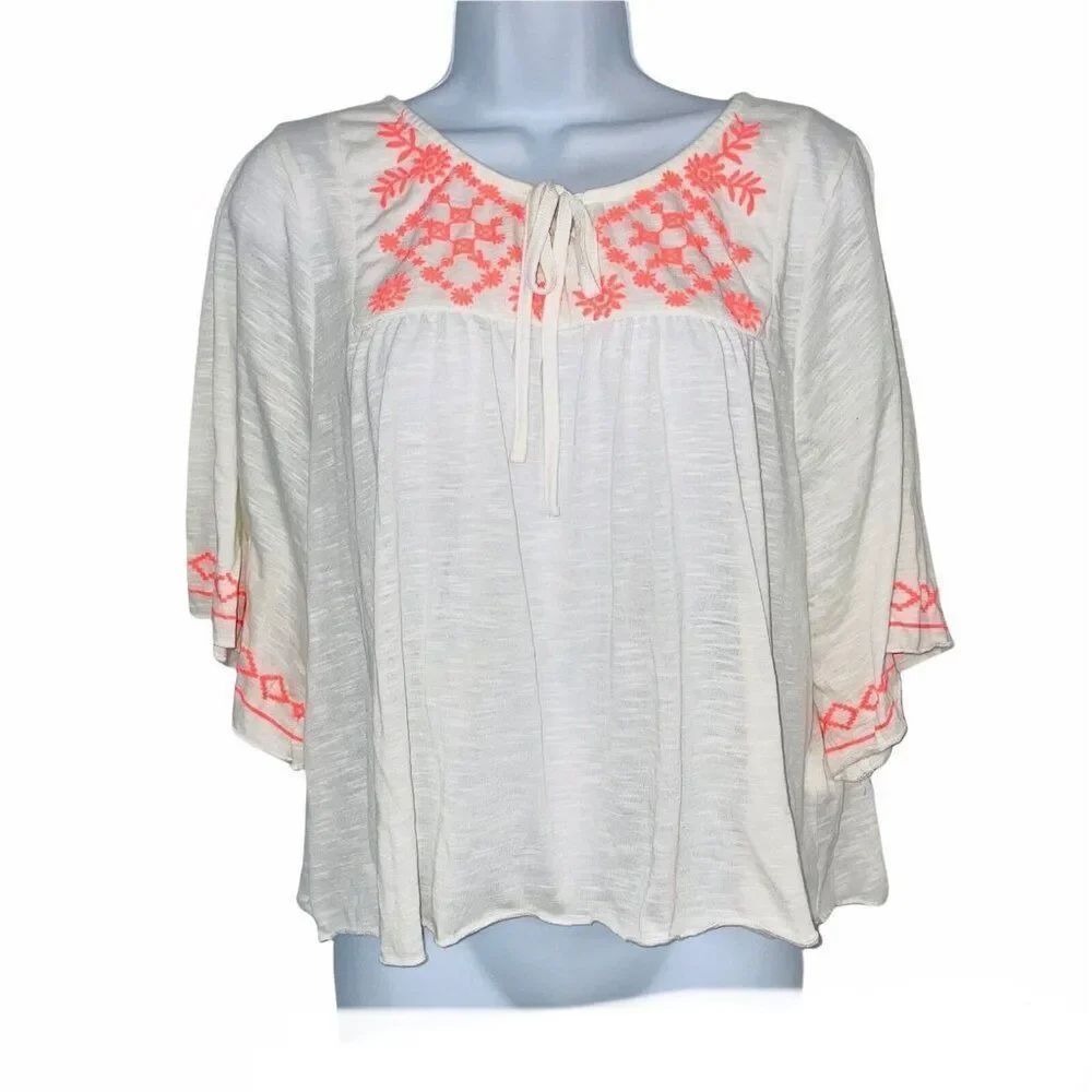 Aéropostale Womens L Top Blouse White Peasant Crop Floral Casual Short Sleeve